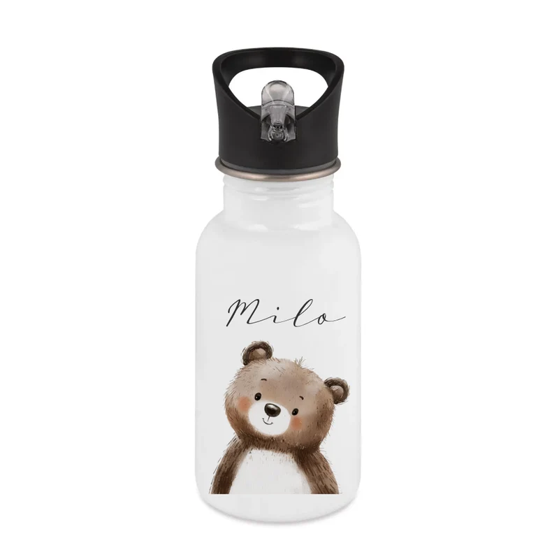 Personalisierte Kinder Trinkflasche mit Name – Edelstahl Trinkflasche mit Strohhalm 400ml / 500ml / 600ml – Tiermotiv für Kita & Schule