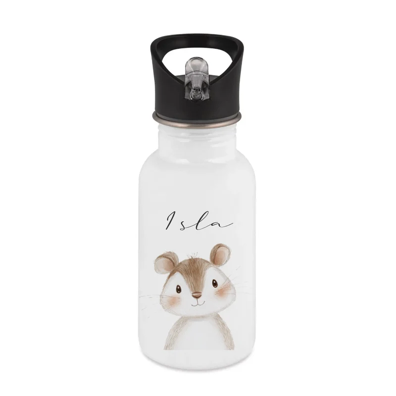 Personalisierte Kinder Trinkflasche mit Name – Edelstahl Trinkflasche mit Strohhalm 400ml / 500ml / 600ml – Tiermotiv für Kita & Schule