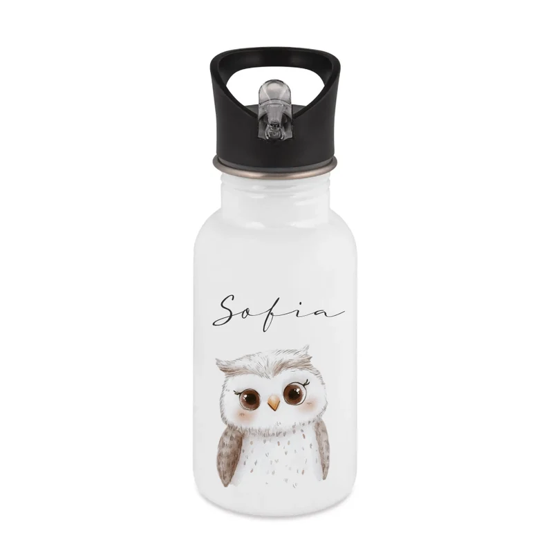 Personalisierte Kinder Trinkflasche mit Name – Edelstahl Trinkflasche mit Strohhalm 400ml / 500ml / 600ml – Tiermotiv für Kita & Schule