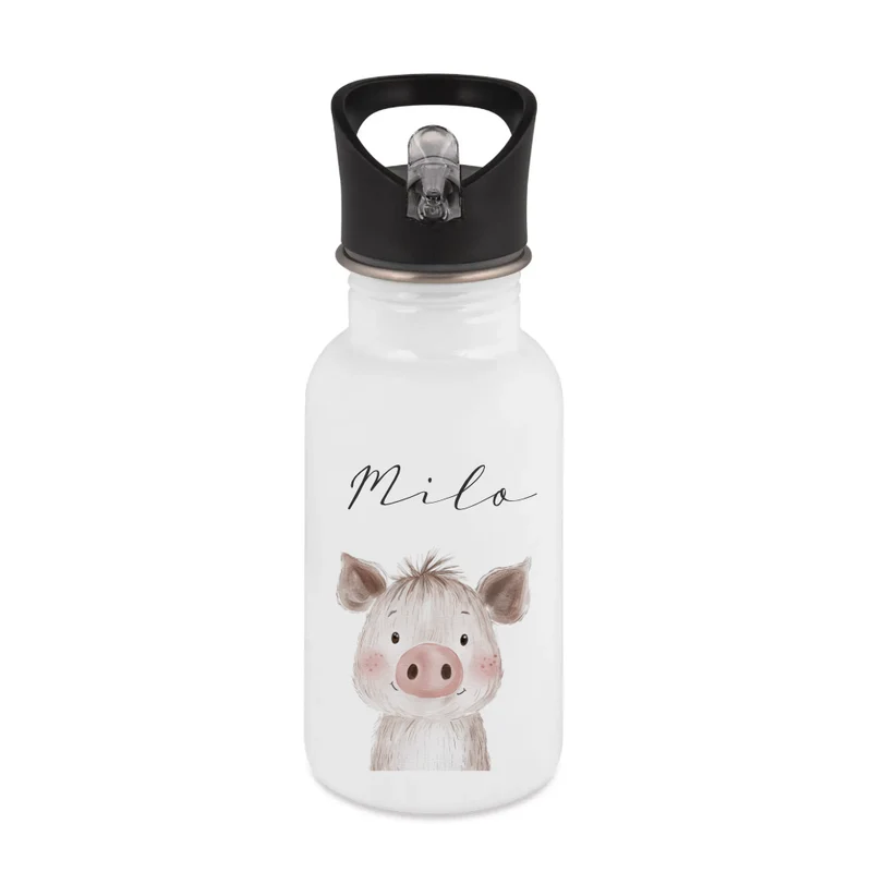 Personalisierte Kinder Trinkflasche mit Name – Edelstahl Trinkflasche mit Strohhalm 400ml / 500ml / 600ml – Tiermotiv für Kita & Schule