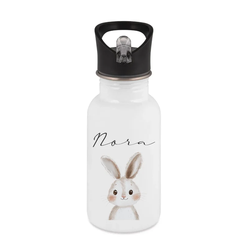 Personalisierte Kinder Trinkflasche mit Name – Edelstahl Trinkflasche mit Strohhalm 400ml / 500ml / 600ml – Tiermotiv für Kita & Schule