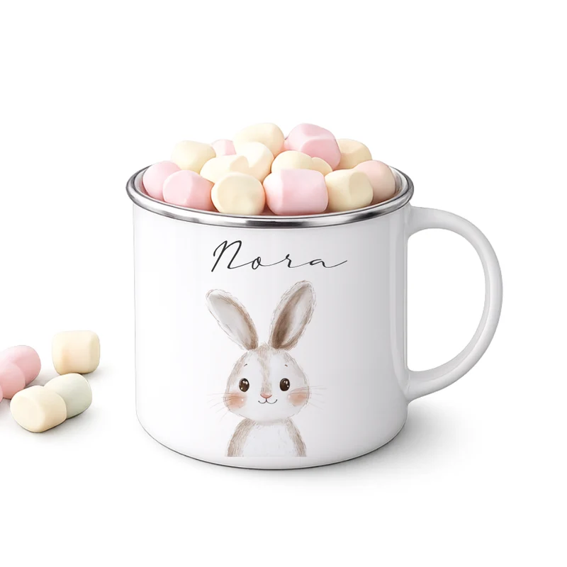 Personalisierte Kinder Emaille-Tasse mit Namen – Niedliche Tiermotive | Geschenk zur Geburt, Taufe oder Geburtstag