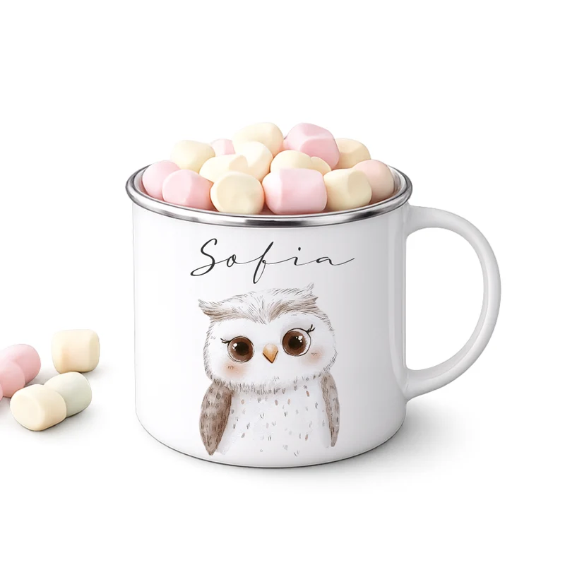 Personalisierte Kinder Emaille-Tasse mit Namen – Niedliche Tiermotive | Geschenk zur Geburt, Taufe oder Geburtstag