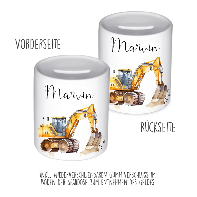 Spardose "Bagger" mit Namen für Jungen | Geschenk für Kinder | Personalisiertes Geldgeschenk I Geschenkidee zum Geburtstag | 10 Motive zur Auswahl