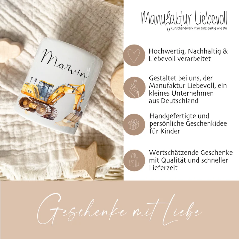 Spardose "Bagger" mit Namen für Jungen | Geschenk für Kinder | Personalisiertes Geldgeschenk I Geschenkidee zum Geburtstag | 10 Motive zur Auswahl