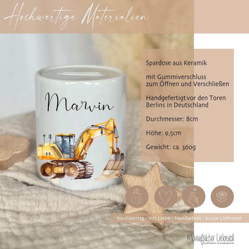 Spardose "Bagger" mit Namen für Jungen | Geschenk für Kinder | Personalisiertes Geldgeschenk I Geschenkidee zum Geburtstag | 10 Motive zur Auswahl