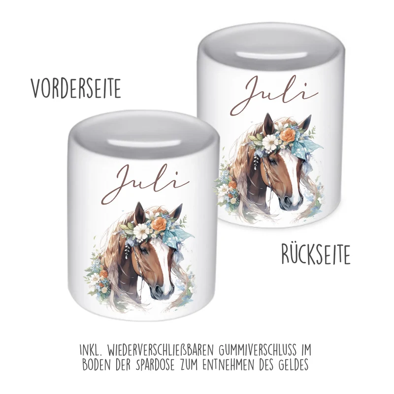 Spardose "Pony" mit Namen für Mädchen | Geschenk für Kinder | Personalisiertes Geldgeschenk I Geschenkidee zum Geburtstag | 10 Motive zur Auswahl