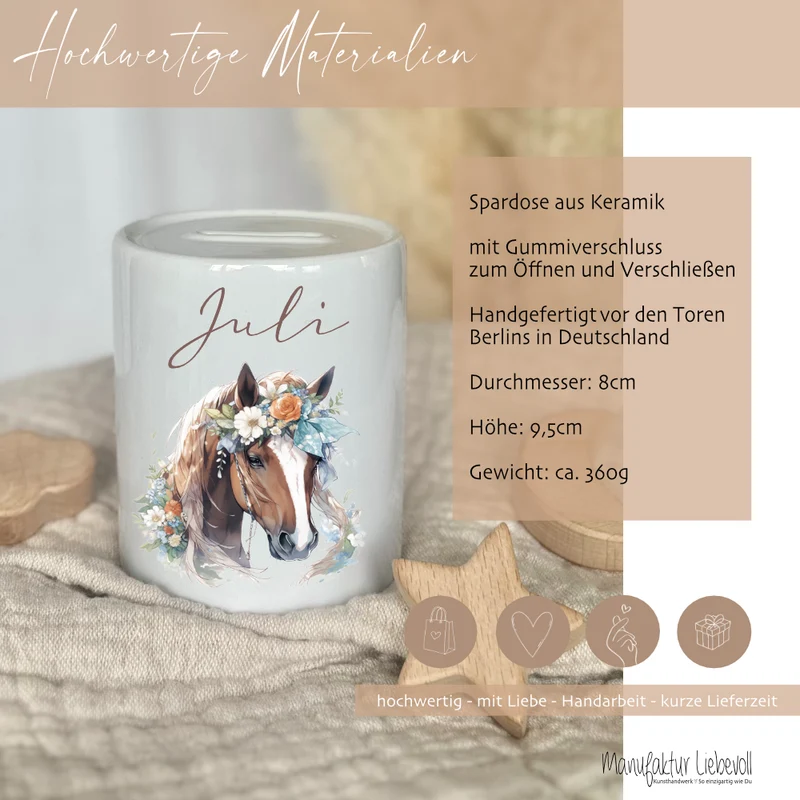 Spardose "Pony" mit Namen für Mädchen | Geschenk für Kinder | Personalisiertes Geldgeschenk I Geschenkidee zum Geburtstag | 10 Motive zur Auswahl