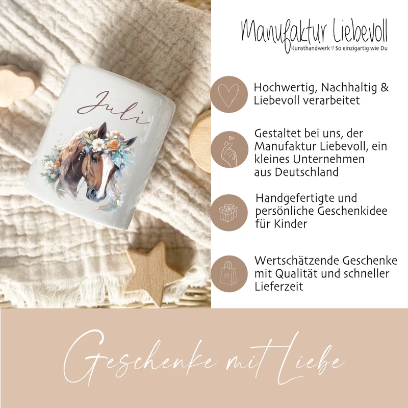 Spardose "Pony" mit Namen für Mädchen | Geschenk für Kinder | Personalisiertes Geldgeschenk I Geschenkidee zum Geburtstag | 10 Motive zur Auswahl