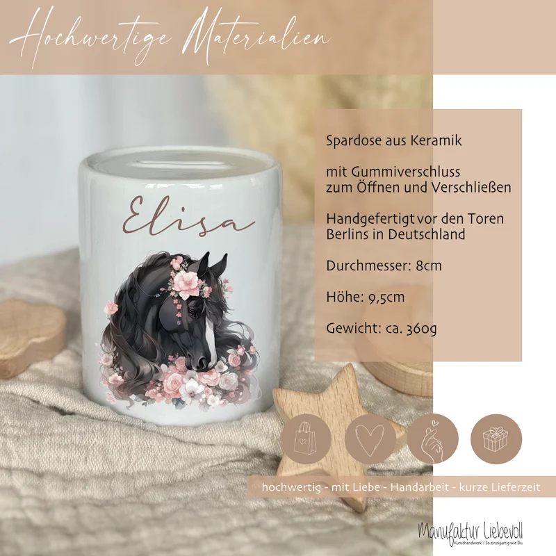 Keramik Spardose "Pony" mit Namen für Mädchen | Geschenk für Kinder | Personalisiertes Geldgeschenk I Geschenkidee zum Geburtstag | 10 Motive zur Auswahl