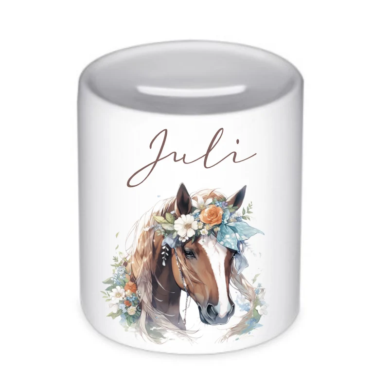 Keramik Spardose "Pony" mit Namen für Mädchen | Geschenk für Kinder | Personalisiertes Geldgeschenk I Geschenkidee zum Geburtstag | 10 Motive zur Auswahl
