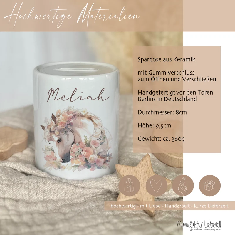 Spardose "Pferd" mit Namen für Mädchen | Geschenk für Kinder | Personalisiertes Geldgeschenk I Geschenkidee zum Geburtstag | 10 Motive zur Auswahl