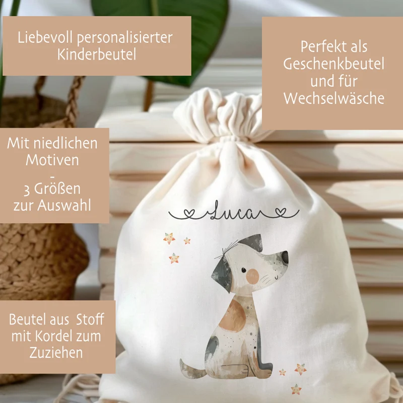 Personalisierter Zuziehbeutel für Kinder | Motive: Fuchs, Hund, Waschbär