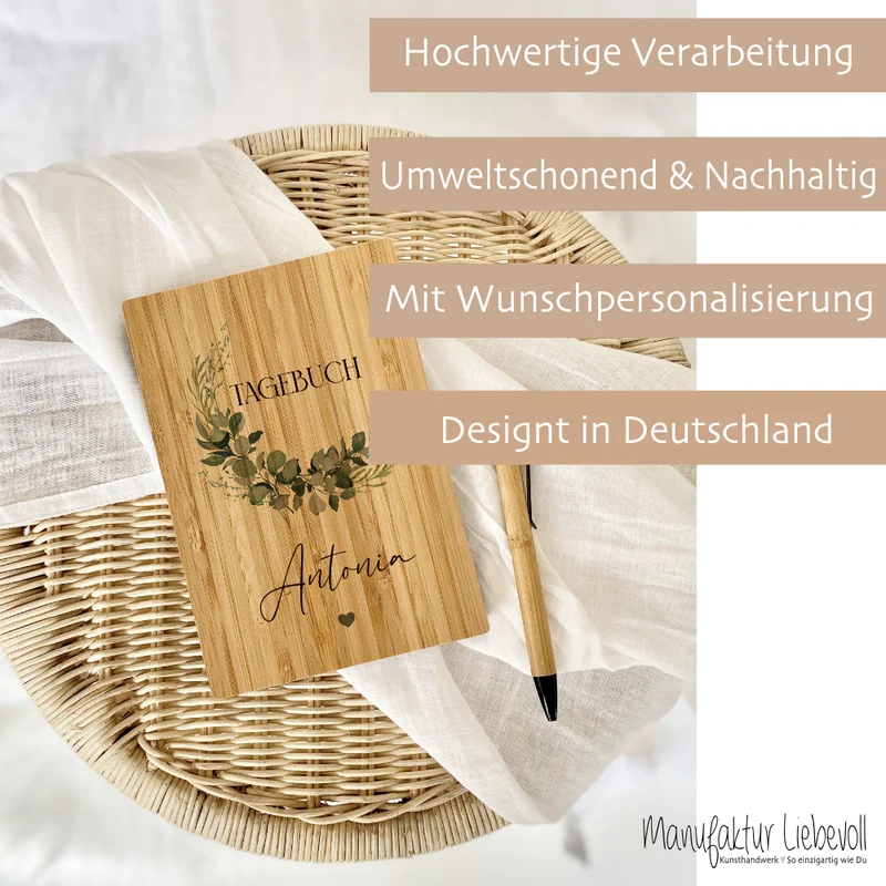 Notizbuch personalisiert Tagebuch mit Namen A5 Journal Mädchen Frauen Teenager Geschenk Schreibheft Journal Notizheft Eukalyptus