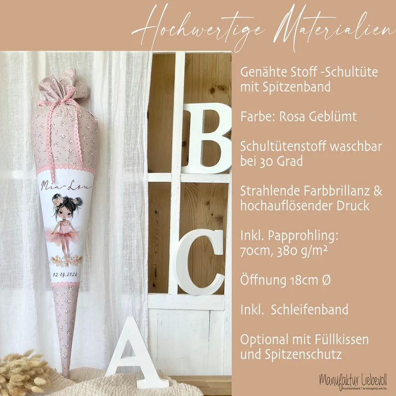 Schultüte Mädchen Ballerina Personalisiert Schultüte Stoff Ballett Zuckertüte Mädchen Schultüte Einschulung Stoff Tänzerin Schultüte