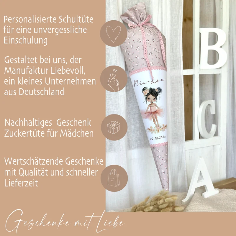Schultüte Mädchen Ballerina Personalisiert Schultüte Stoff Ballett Zuckertüte Mädchen Schultüte Einschulung Stoff Tänzerin Schultüte