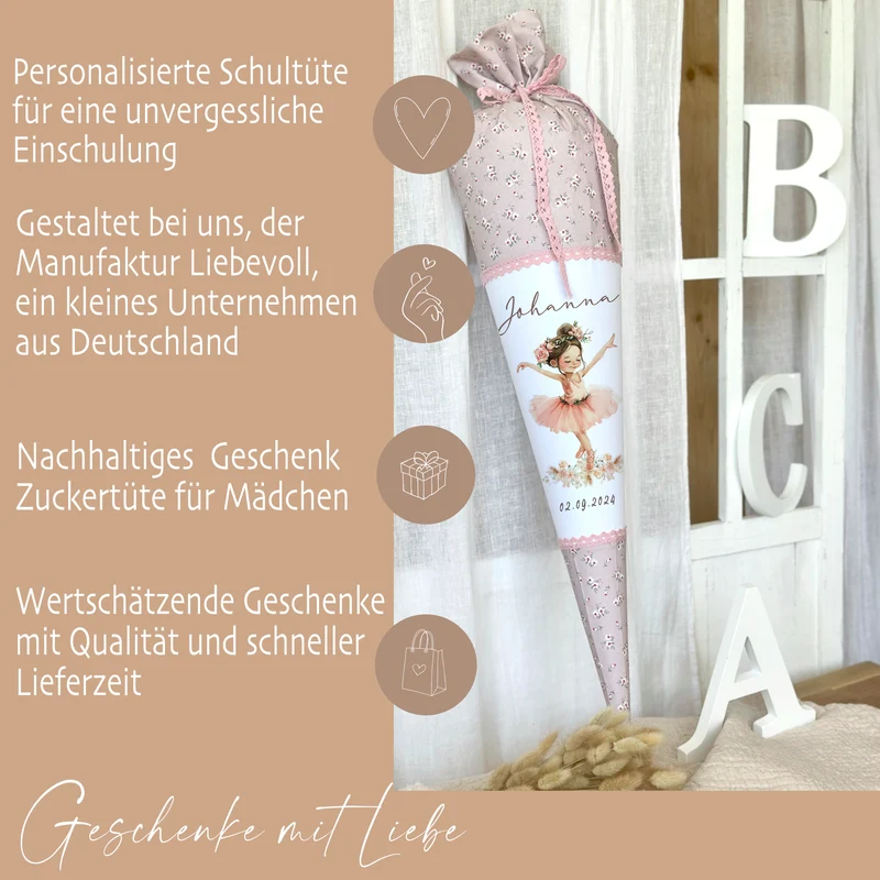 Schultüte Mädchen Personalisiert Schultüte Stoff Ballett Zuckertüte Mädchen Schultüte Ballerina Einschulung Stoff Tänzerin Schultüte