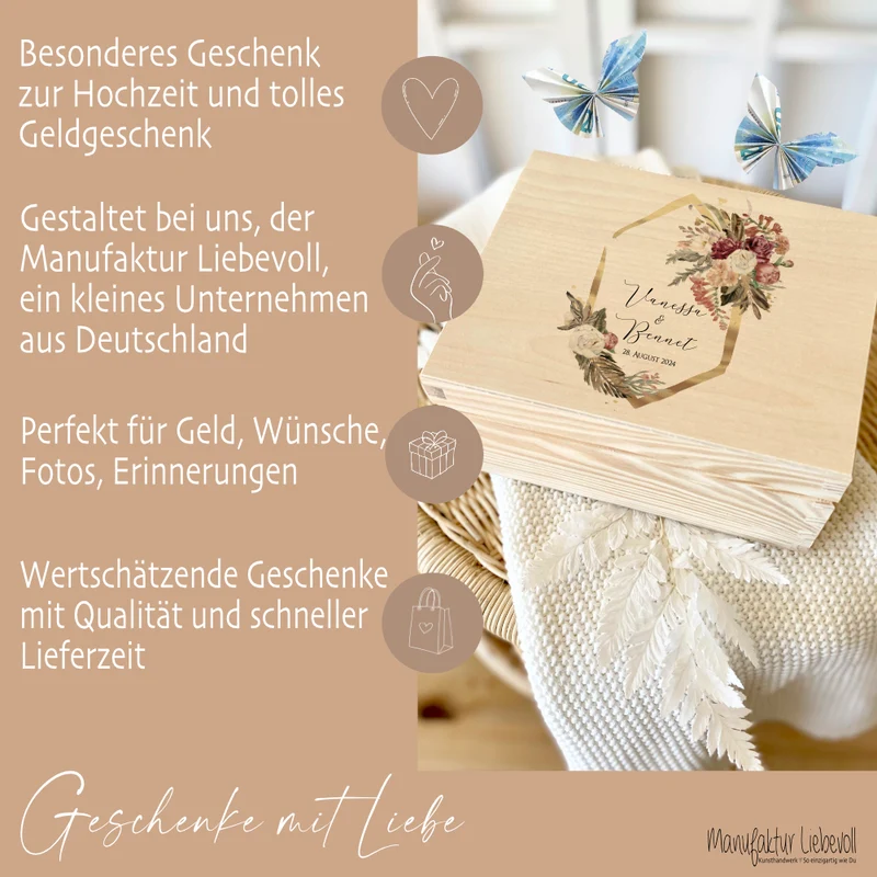 Erinnerungskiste Hochzeitsgeschenk zur Hochzeit, Holzbox als Geschenk für das Brautpaar personalisiert