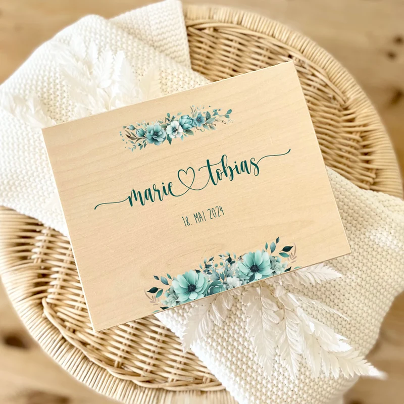 Personalisierte Boho Erinnerungskiste als Geschenk zur Hochzeit, Holzbox für das Brautpaar, Hochzeitsgeschenk