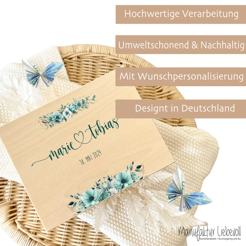 Personalisierte Boho Erinnerungskiste als Geschenk zur Hochzeit, Holzbox für das Brautpaar, Hochzeitsgeschenk