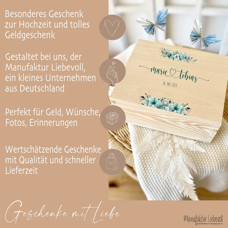 Personalisierte Boho Erinnerungskiste als Geschenk zur Hochzeit, Holzbox für das Brautpaar, Hochzeitsgeschenk