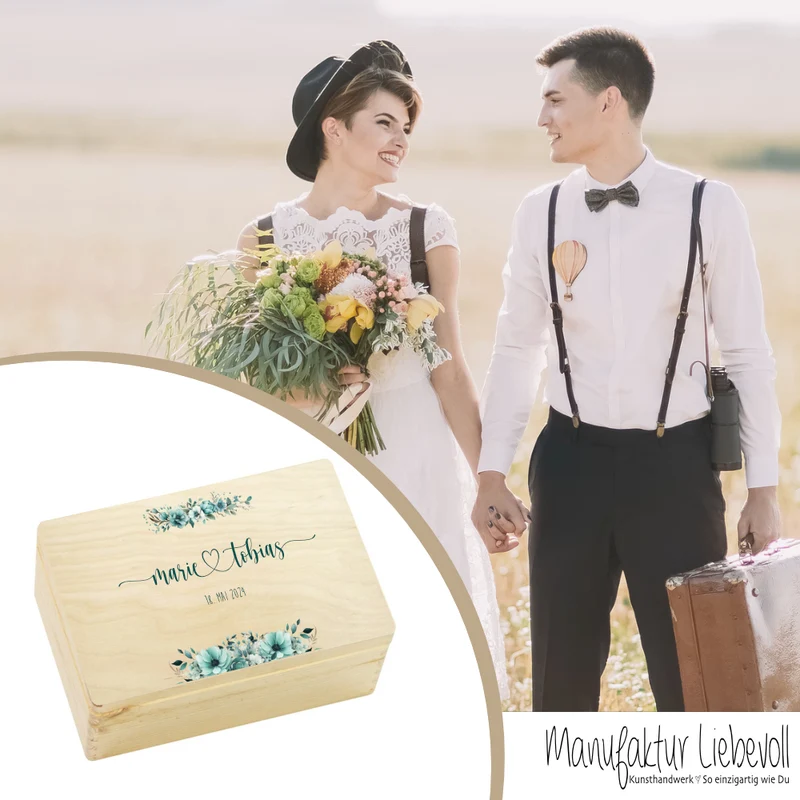 Personalisierte Boho Erinnerungskiste als Geschenk zur Hochzeit, Holzbox für das Brautpaar, Hochzeitsgeschenk