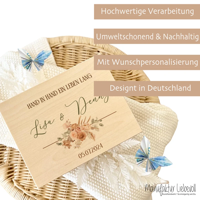 Personalisierte florale Erinnerungskiste zur Hochzeit, Holzbox als Geschenk für das Brautpaar, Hochzeitsgeschenk