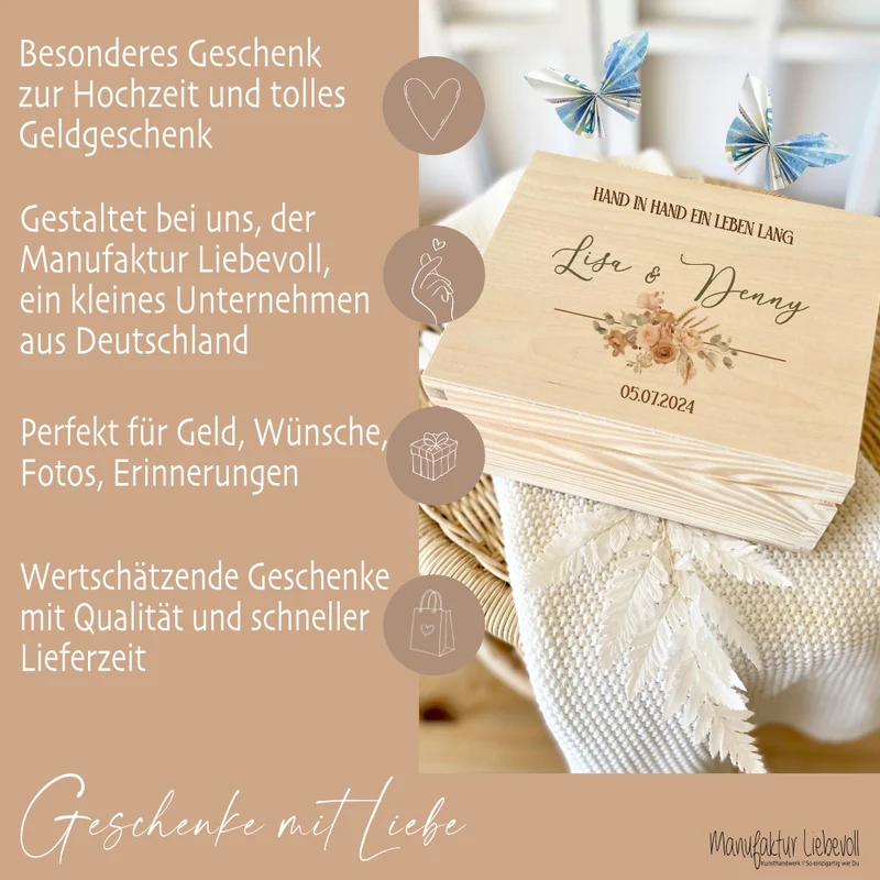 Personalisierte florale Erinnerungskiste zur Hochzeit, Holzbox als Geschenk für das Brautpaar, Hochzeitsgeschenk