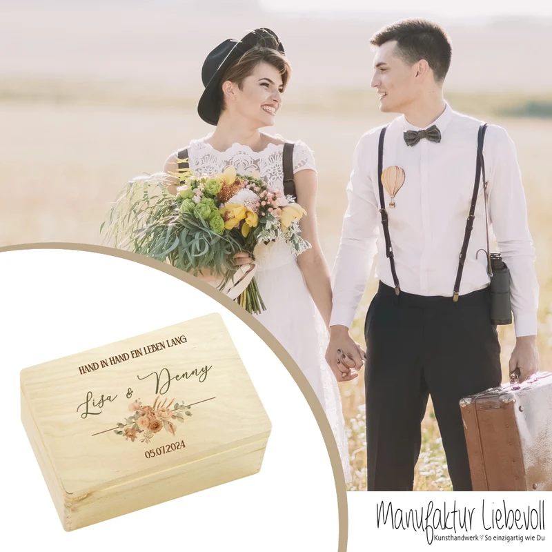 Personalisierte florale Erinnerungskiste zur Hochzeit, Holzbox als Geschenk für das Brautpaar, Hochzeitsgeschenk