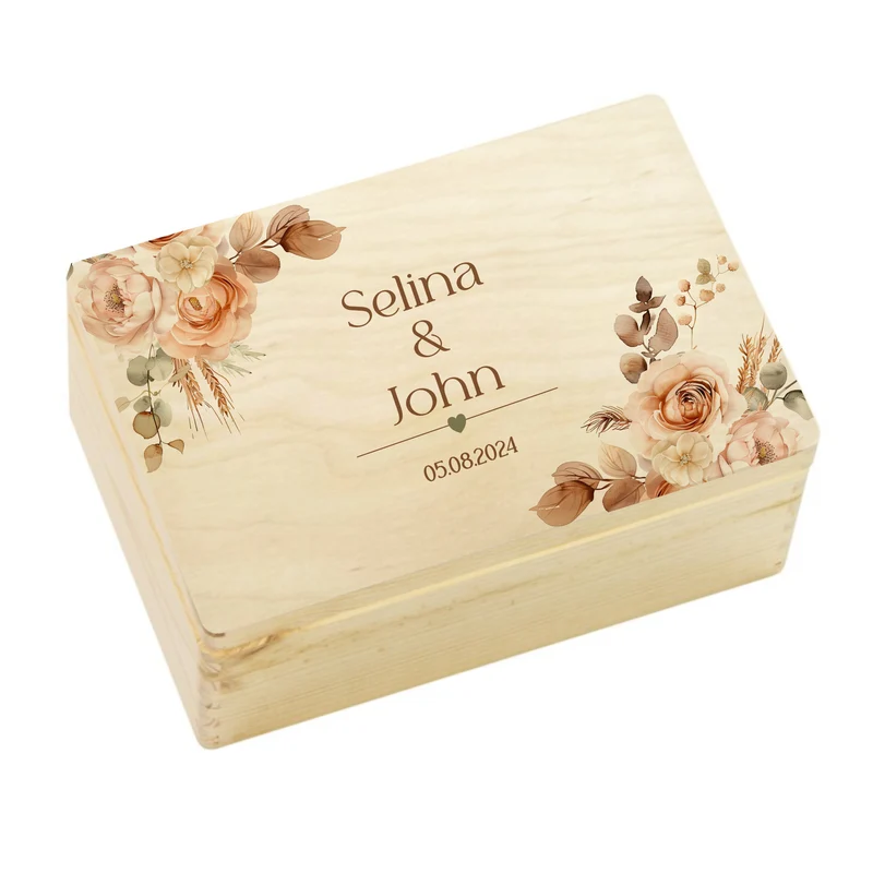 Erinnerungskiste mit Namen zur Hochzeit, florale Holzbox als Geschenk für das Brautpaar, Hochzeitsgeschenk
