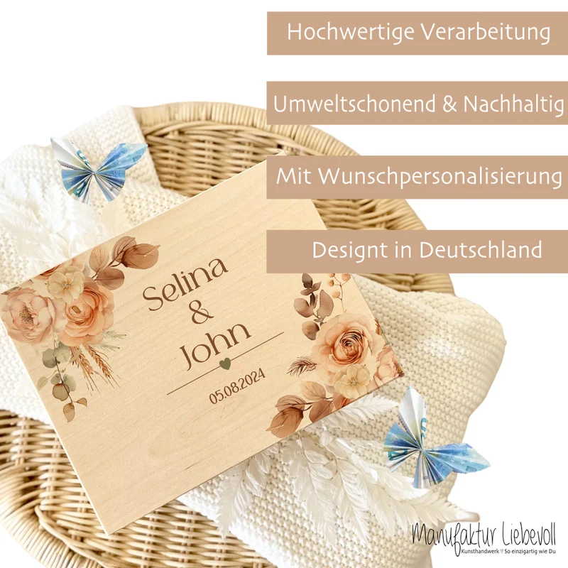 Erinnerungskiste mit Namen zur Hochzeit, florale Holzbox als Geschenk für das Brautpaar, Hochzeitsgeschenk