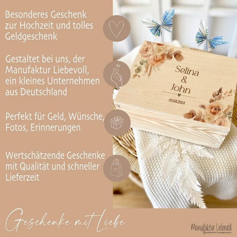Erinnerungskiste mit Namen zur Hochzeit, florale Holzbox als Geschenk für das Brautpaar, Hochzeitsgeschenk