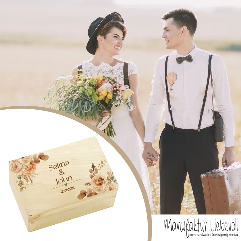 Erinnerungskiste mit Namen zur Hochzeit, florale Holzbox als Geschenk für das Brautpaar, Hochzeitsgeschenk