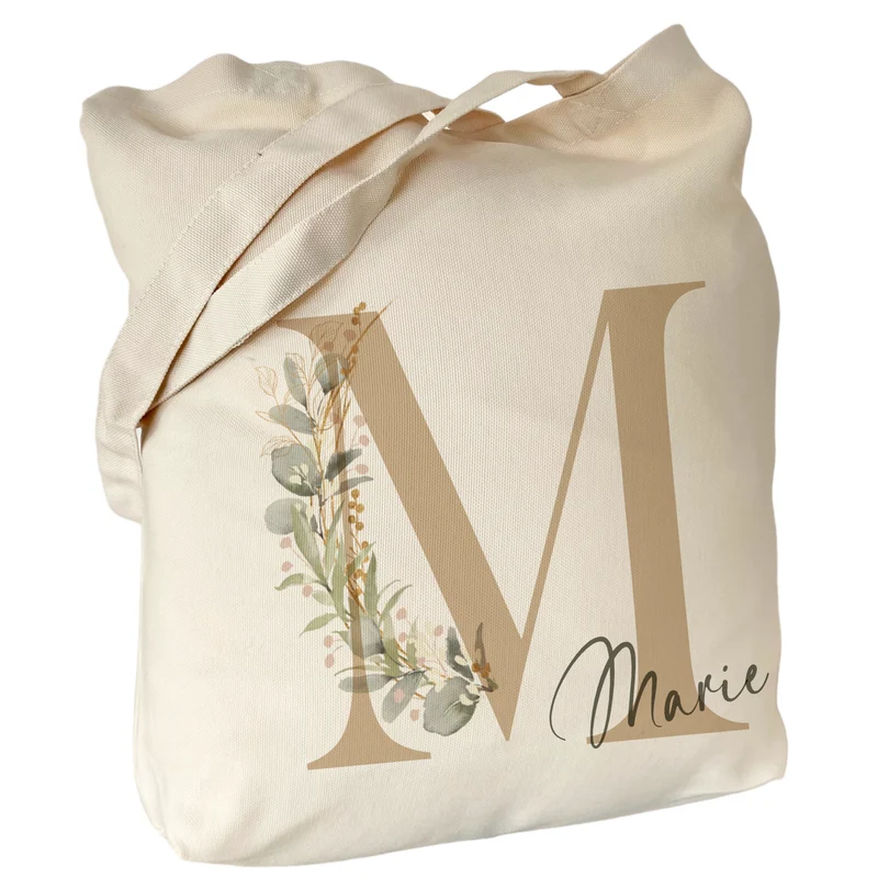 Personalisierter Stoffbeutel Eukalyptus mit Buchstaben u. Namen | Stofftasche mit Initialen für Frauen
