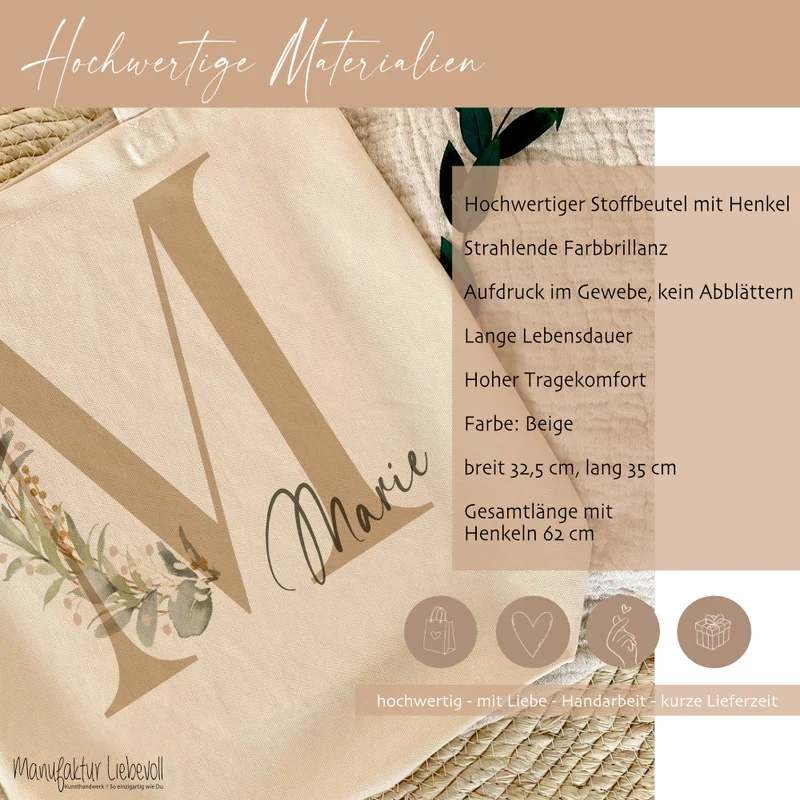 Personalisierter Stoffbeutel Eukalyptus mit Buchstaben u. Namen | Stofftasche mit Initialen für Frauen