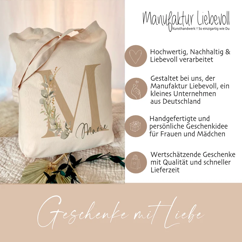 Personalisierter Stoffbeutel Eukalyptus mit Buchstaben u. Namen | Stofftasche mit Initialen für Frauen