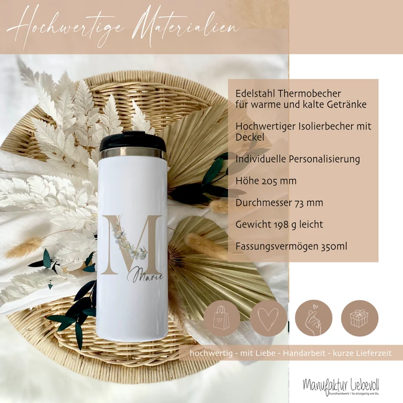 Thermobecher Eukalyptus mit Namen und Buchstaben