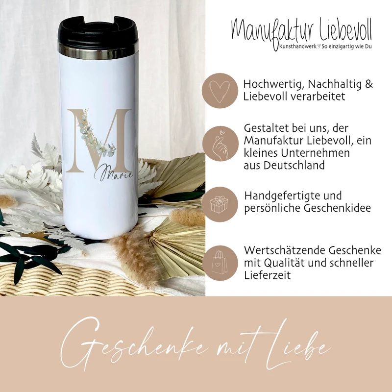 Thermobecher Eukalyptus mit Namen und Buchstaben