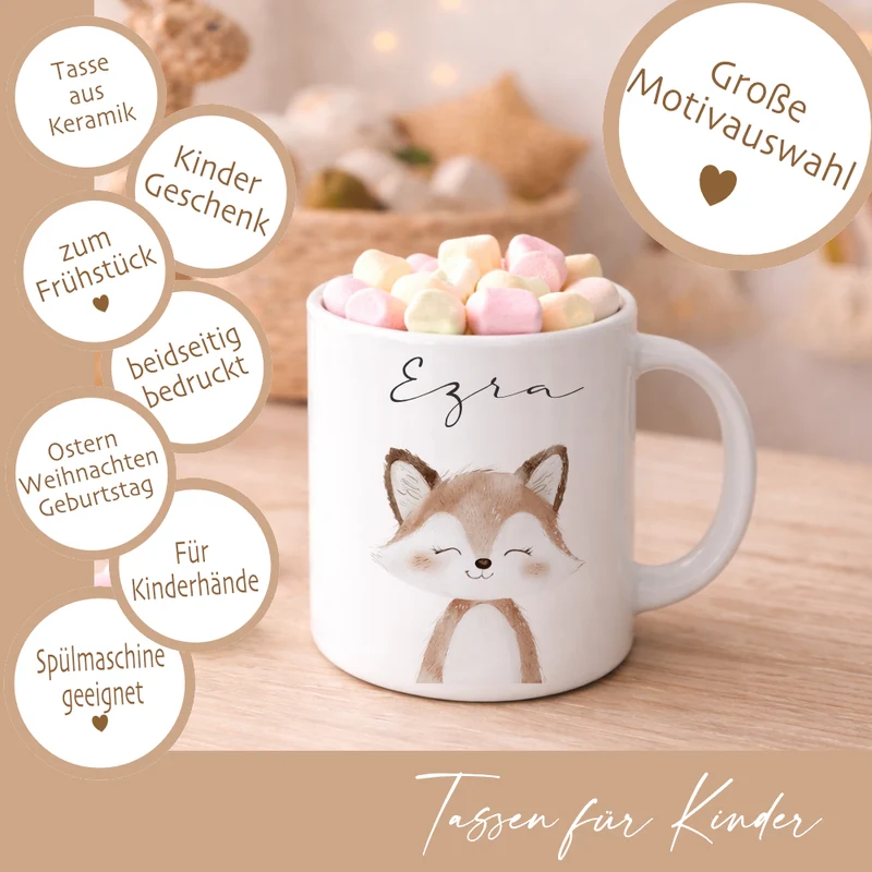 Personalisierte Kindertasse mit Namen – Niedliche Waldtiere
