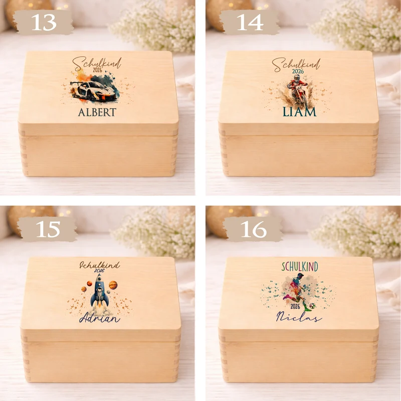 Holzkiste Schulkind 2026 Geschenk I Personalisierte Erinnerungsbox mit Namen viele Motive I Mädchen Einschulung Junge Geschenk Schulstart