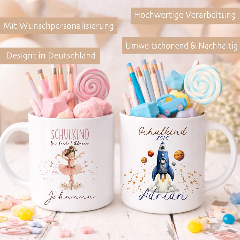 Einschulung Geschenk Schulkind 2026 I Personalisierte Kinder Tasse mit Namen viele Motive I Mädchen Einschulung Junge Geschenk Schulstart