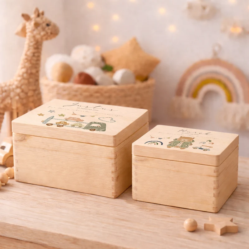 Personalisierte Holzkiste mit Name – Erinnerungskiste für Jungen mit Auto Motiv – Geschenk zur Geburt oder Taufe – 2 Größen