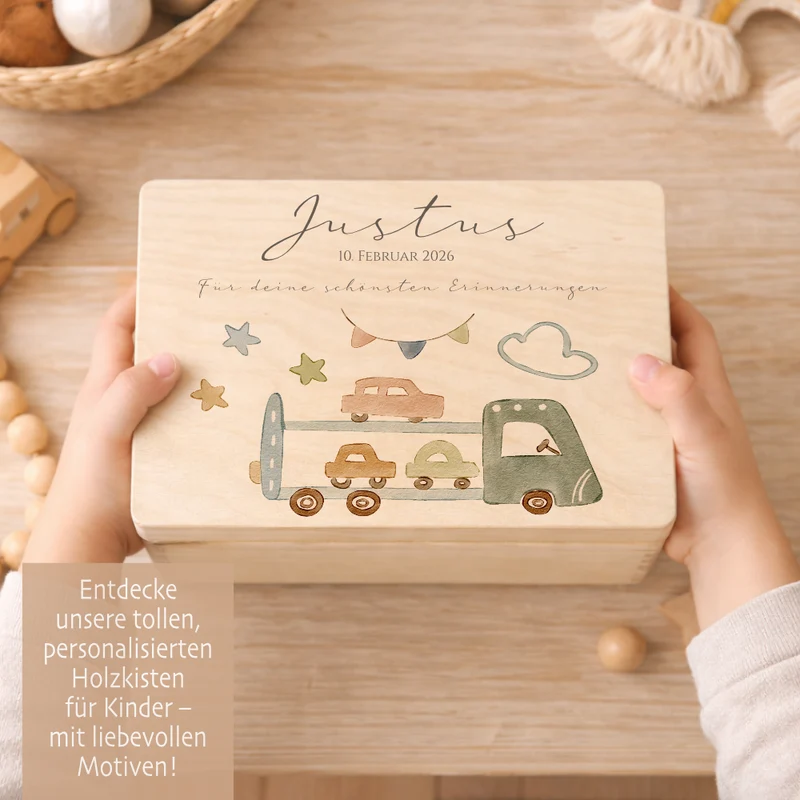 Personalisierte Holzkiste mit Name – Erinnerungskiste für Jungen mit Auto Motiv – Geschenk zur Geburt oder Taufe – 2 Größen