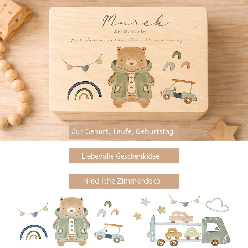 Personalisierte Holzkiste mit Name – Erinnerungskiste für Jungen mit Auto Motiv – Geschenk zur Geburt oder Taufe – 2 Größen
