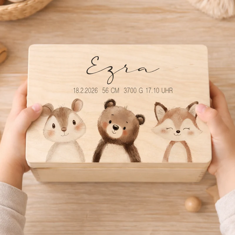 Personalisierte Holzkiste mit Name – Erinnerungskiste für Baby & Kind – Geschenk zur Geburt oder Taufe – 2 Motive & 2 Größen