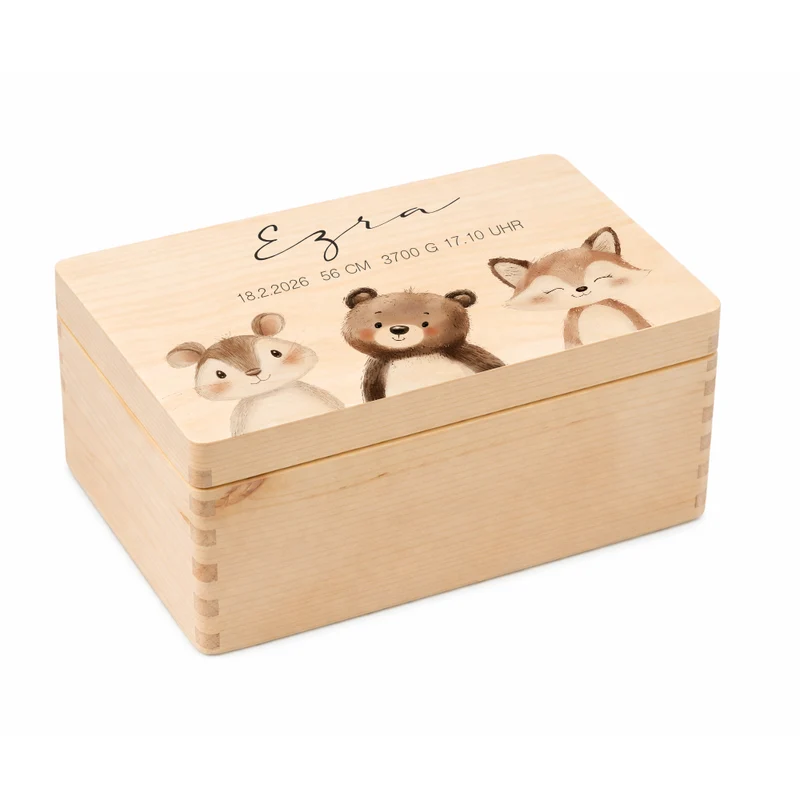 Personalisierte Holzkiste mit Name – Erinnerungskiste für Baby & Kind – Geschenk zur Geburt oder Taufe – 2 Motive & 2 Größen