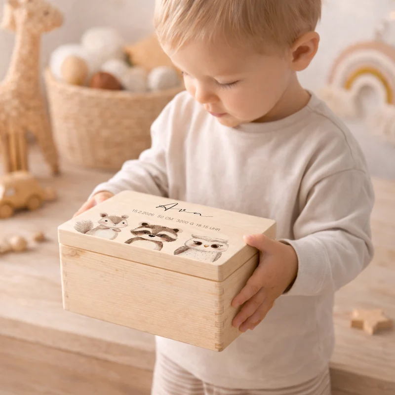 Personalisierte Holzkiste mit Name – Erinnerungskiste für Baby & Kind – Geschenk zur Geburt oder Taufe – 2 Motive & 2 Größen