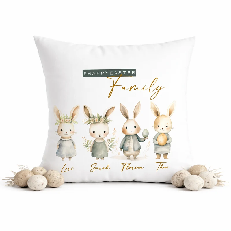 Personalisiertes Osterkissen mit Namen – Familienkissen mit Hasen – Osterdeko 40x40 – Geschenk für Kinder, Eltern & Großeltern – Kissenbezug mit oder ohne Füllung