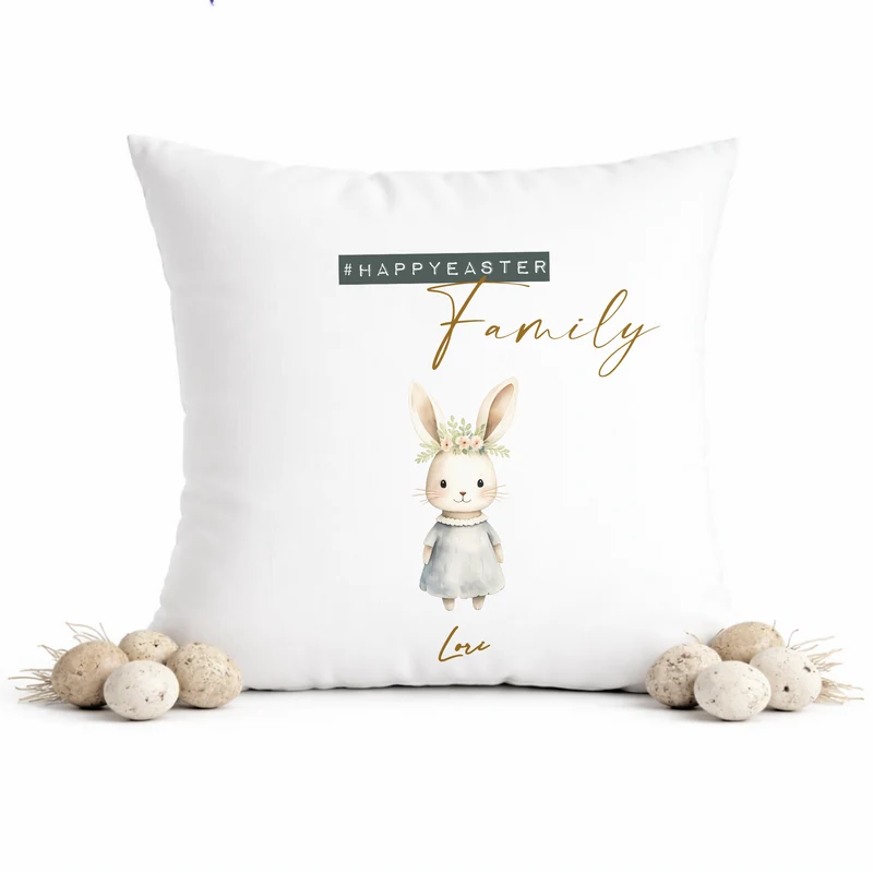 Personalisiertes Osterkissen mit Namen – Familienkissen mit Hasen – Osterdeko 40x40 – Geschenk für Kinder, Eltern & Großeltern – Kissenbezug mit oder ohne Füllung