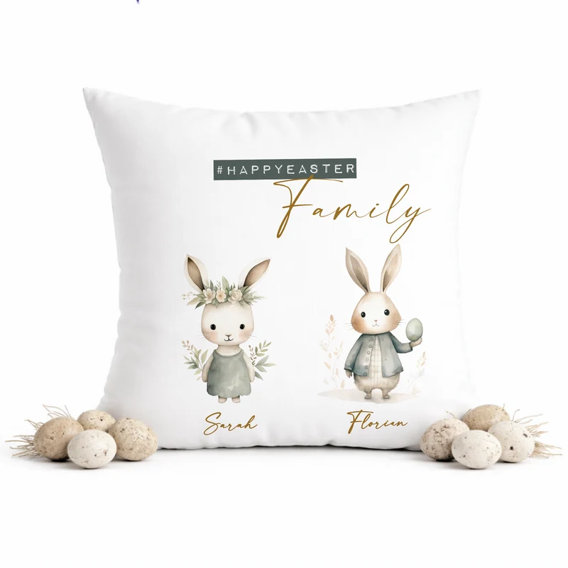 Personalisiertes Osterkissen mit Namen – Familienkissen mit Hasen – Osterdeko 40x40 – Geschenk für Kinder, Eltern & Großeltern – Kissenbezug mit oder ohne Füllung